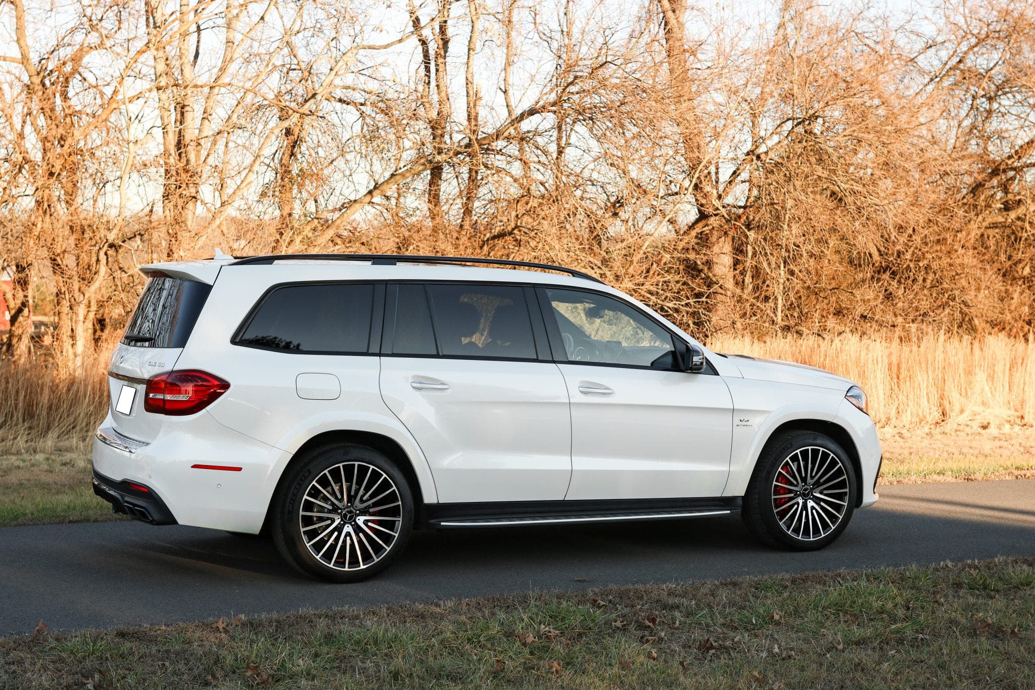 White Mercedes-AMG GLS 63 photographed from the rear three-quarter on a country road in low golden light, dry grass and bare trees behind it