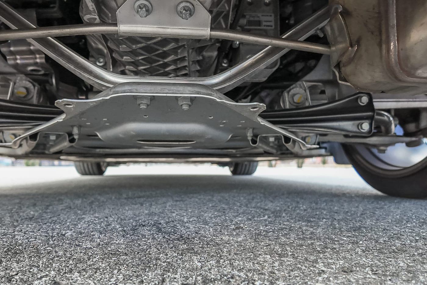 Rear subframe, suspension arms and underfloor panelling of a Porsche 718 Cayman GTS 4.0